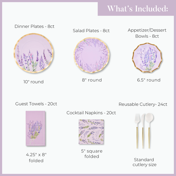 The Sophistiplate Lavender Fields Table Setting is a party-in-a-box with disposable lavender floral plates, salad plates, bowls, guest towels, cocktail napkins, and reusable cutlery—each with specified quantities and sizes.