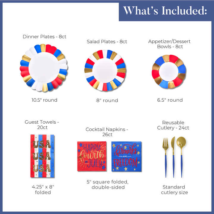 The Sophistiplate Modern Patriotic Table Setting features disposable plates, bowls, guest towels, cocktail napkins, and reusable cutlery in red, white, blue, and gold with patriotic designs. Each party-in-a-box lists item sizes and quantities.