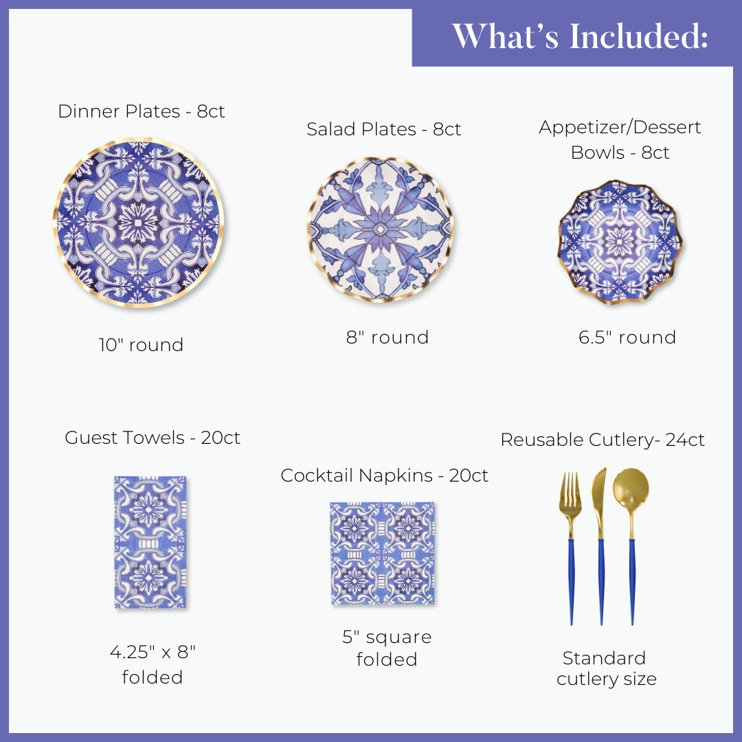 Image of the Sophistiplate LLC Moroccan Table Setting: includes 8 large blue plates, 8 medium salad plates, 8 small bowls, 20 guest towels, 20 napkins, and 24 gold reusable cutlery pieces—your complete party-in-a-box.