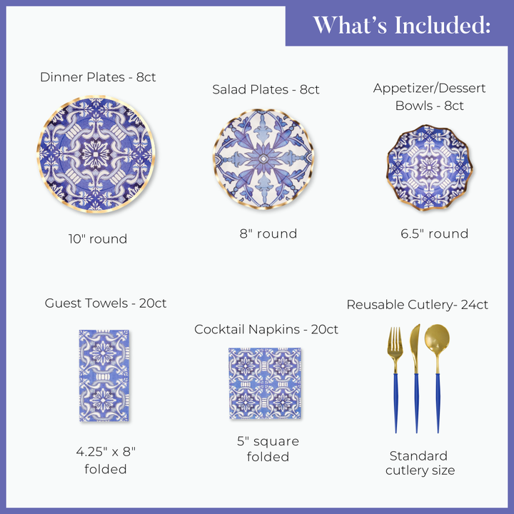 Image of the Sophistiplate LLC Moroccan Table Setting: includes 8 large blue plates, 8 medium salad plates, 8 small bowls, 20 guest towels, 20 napkins, and 24 gold reusable cutlery pieces—your complete party-in-a-box.