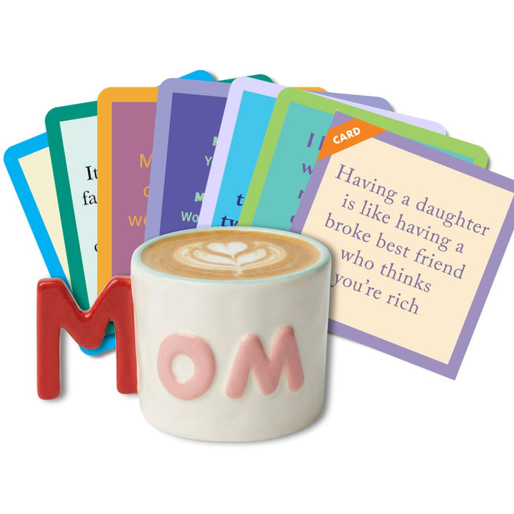 The Sophistiplate LLC Cheers to Mom Gift Set 1 features a MOM coffee mug and colorful cards with funny, heartfelt messages about motherhood and daughters—a perfect Mother's Day gift.