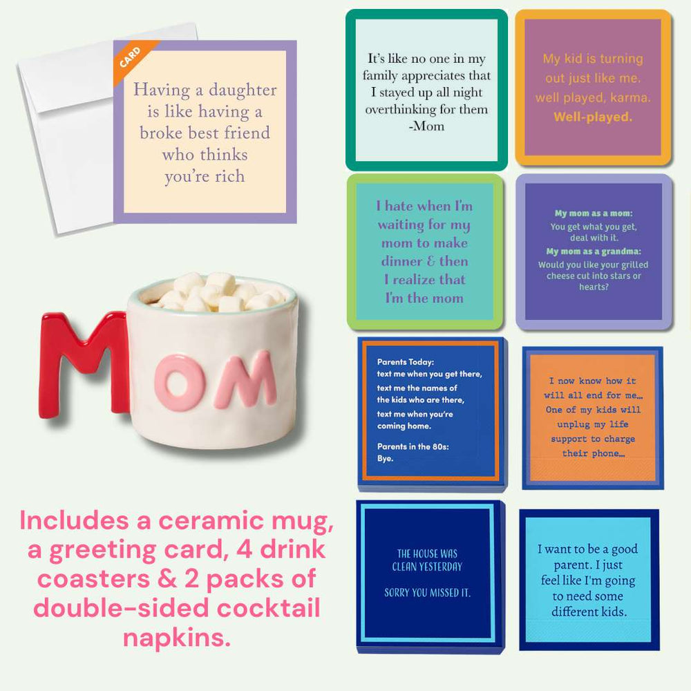 The Cheers to Mom Gift Set 1 by Sophistiplate LLC is a funny Mother's Day gift with a mom mug, greeting card, 4 colorful coasters, and 2 packs of double-sided cocktail napkins featuring humorous motherhood quotes.