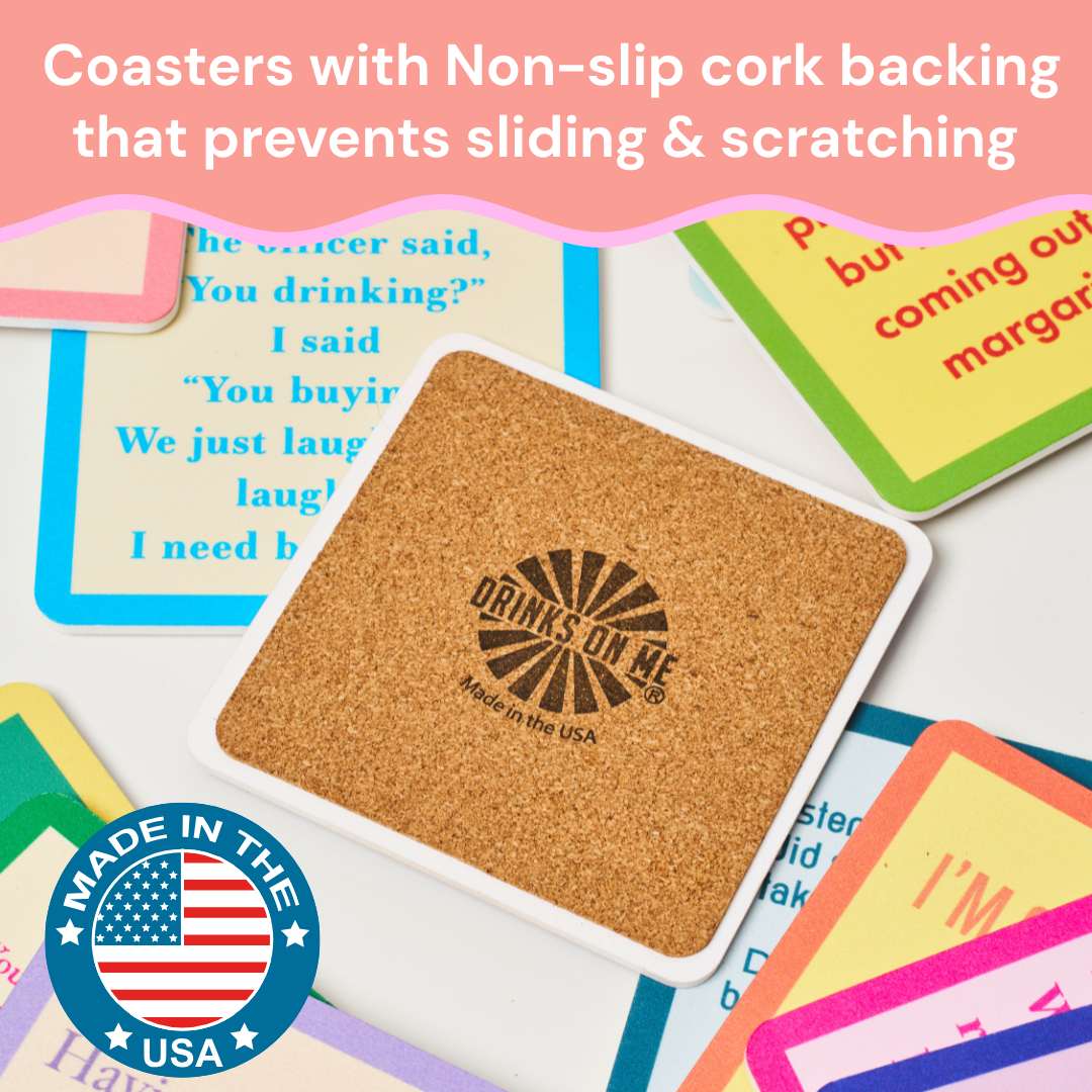 The Sophistiplate LLC Cheers to Mom Gift Set 1 features a square cork coaster with a white border and “Drinks On Me Made in the USA,” plus a flag badge—perfect funny Mother’s Day gifts or for pairing with a mom coffee mug.
