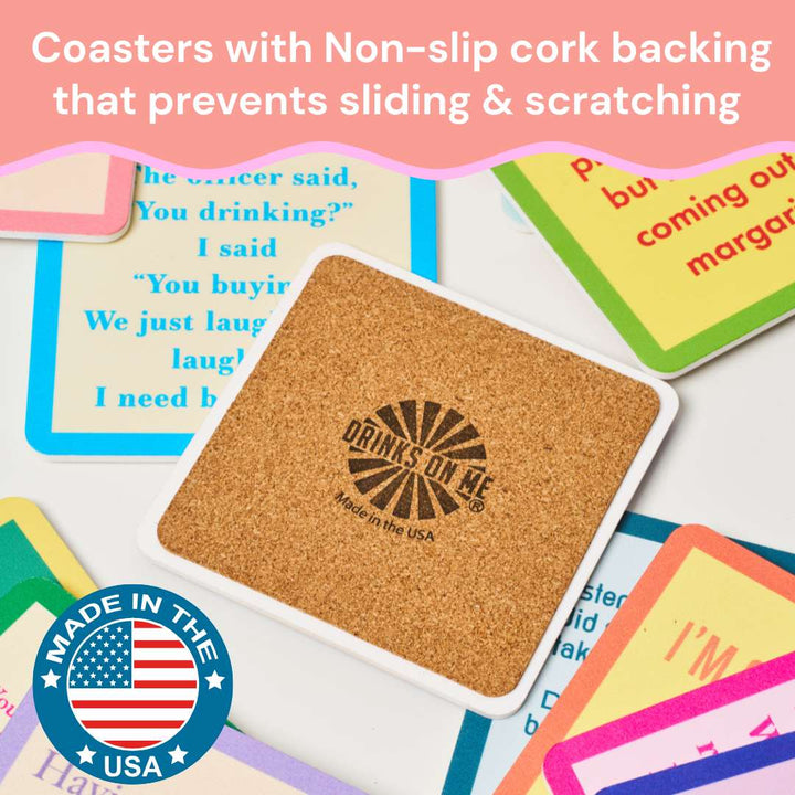 The Sophistiplate LLC Cheers to Mom Gift Set 1 features a square cork coaster with a white border and “Drinks On Me Made in the USA,” plus a flag badge—perfect funny Mother’s Day gifts or for pairing with a mom coffee mug.