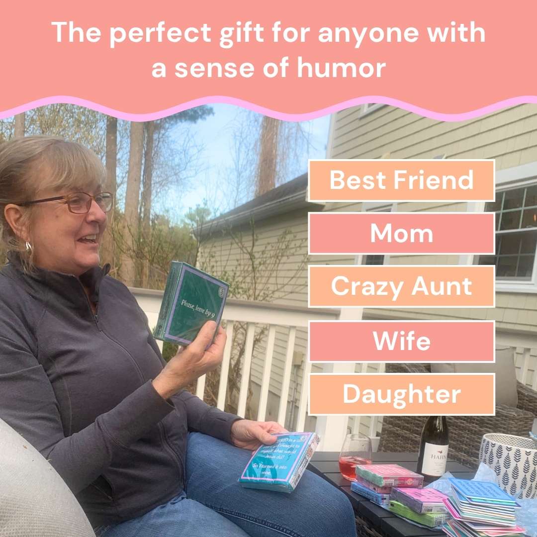 A smiling woman sits on a porch holding the “Cheers to Mom Gift Set 1” by Sophistiplate LLC. Text reads: The perfect funny Mother’s Day gift for anyone with a sense of humor—Best Friend, Mom, Crazy Aunt, Wife, Daughter.