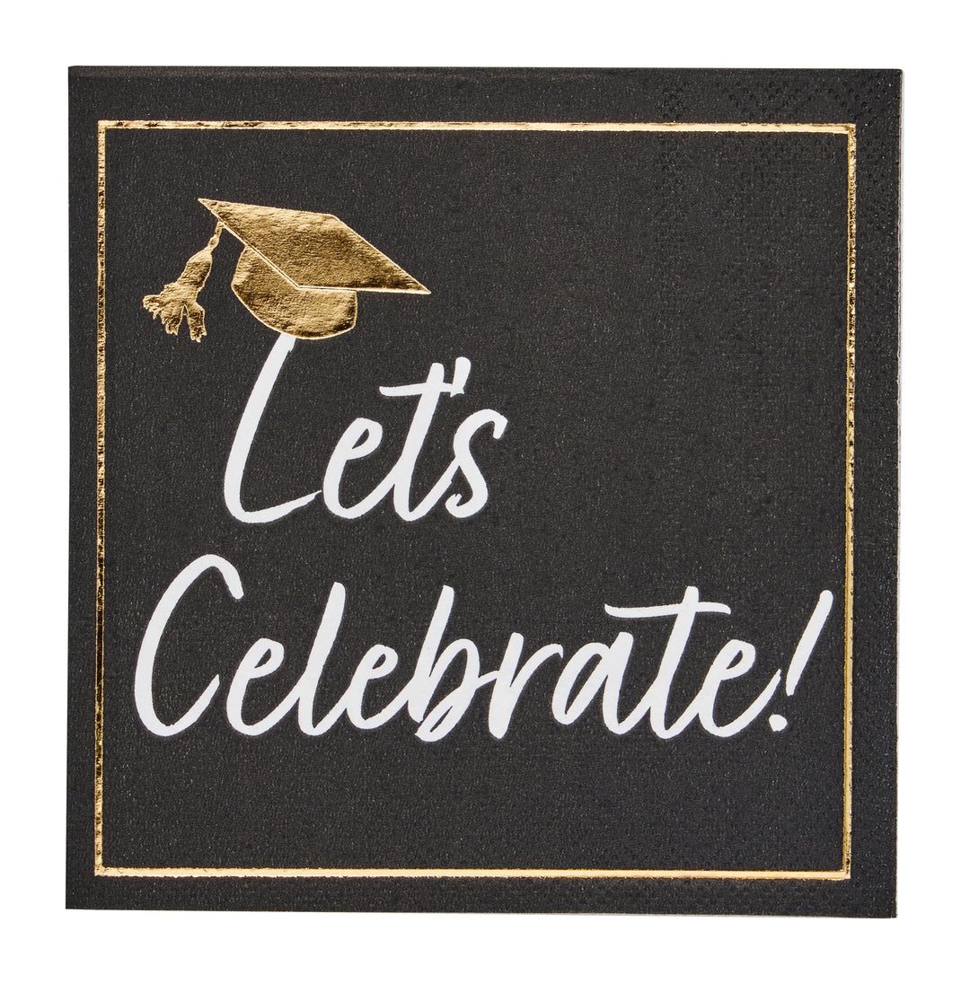 Sophistiplate Classic Grad Cocktail Napkins (26pk) feature a black design with a gold border, gold graduation cap, and “Let’s Celebrate!” in white script—ideal for elegant graduation party or cocktail napkin use.