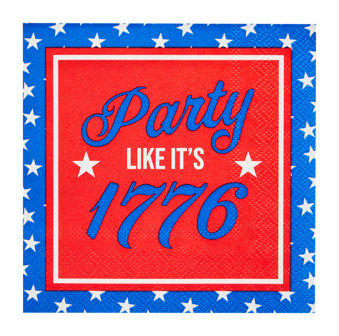 Celebrate the 4th with Sophistiplate’s Party in the USA Cocktail Napkins (26pk)—red, white, and blue napkins featuring white stars and “Party like it’s 1776”—a festive touch for your Independence Day party decor.