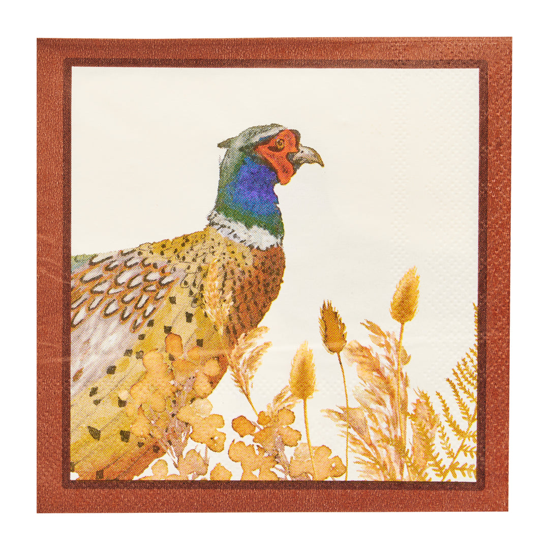 Add an elegant touch to your fall gatherings with Sophistiplate’s Woodland Harvest Cocktail Napkins (26 pack), featuring watercolor-style illustrations of pheasants among golden grasses and plants, bordered by a brown frame—perfect for Thanksgiving or autumn parties.