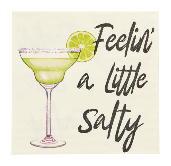 Sugarplum Feeling a little Salty Cocktail Napkins (26pk) feature an illustration of a margarita with a lime slice and salted rim, plus the playful text "Feeling a little salty"—perfect for summer parties.
