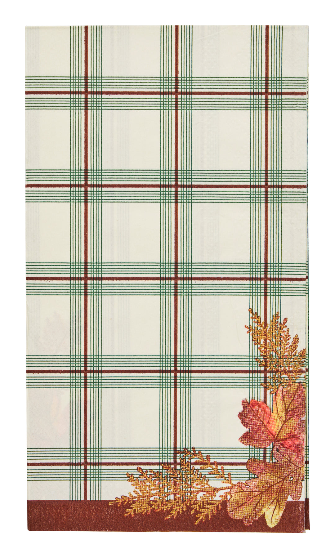 Sophistiplate Woodland Harvest Guest Towels (20pk) feature a white plaid design with green and brown stripes, accented by autumn leaves in vibrant red, yellow, and orange tones in the lower right corner—perfect for adding a festive touch to your Thanksgiving table or using as seasonal guest napkins.