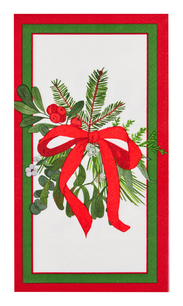 Add a welcoming seasonal touch to your gatherings with Home for the Holidays Guest Towels by Sophistiplate. These festive napkins feature a red and green border surrounding a bouquet of pine branches, berries, and greenery tied with a large red ribbon at the center—perfect for pairing with coordinating holiday napkins to create a cheerful atmosphere. Each pack includes 20 guest towels.