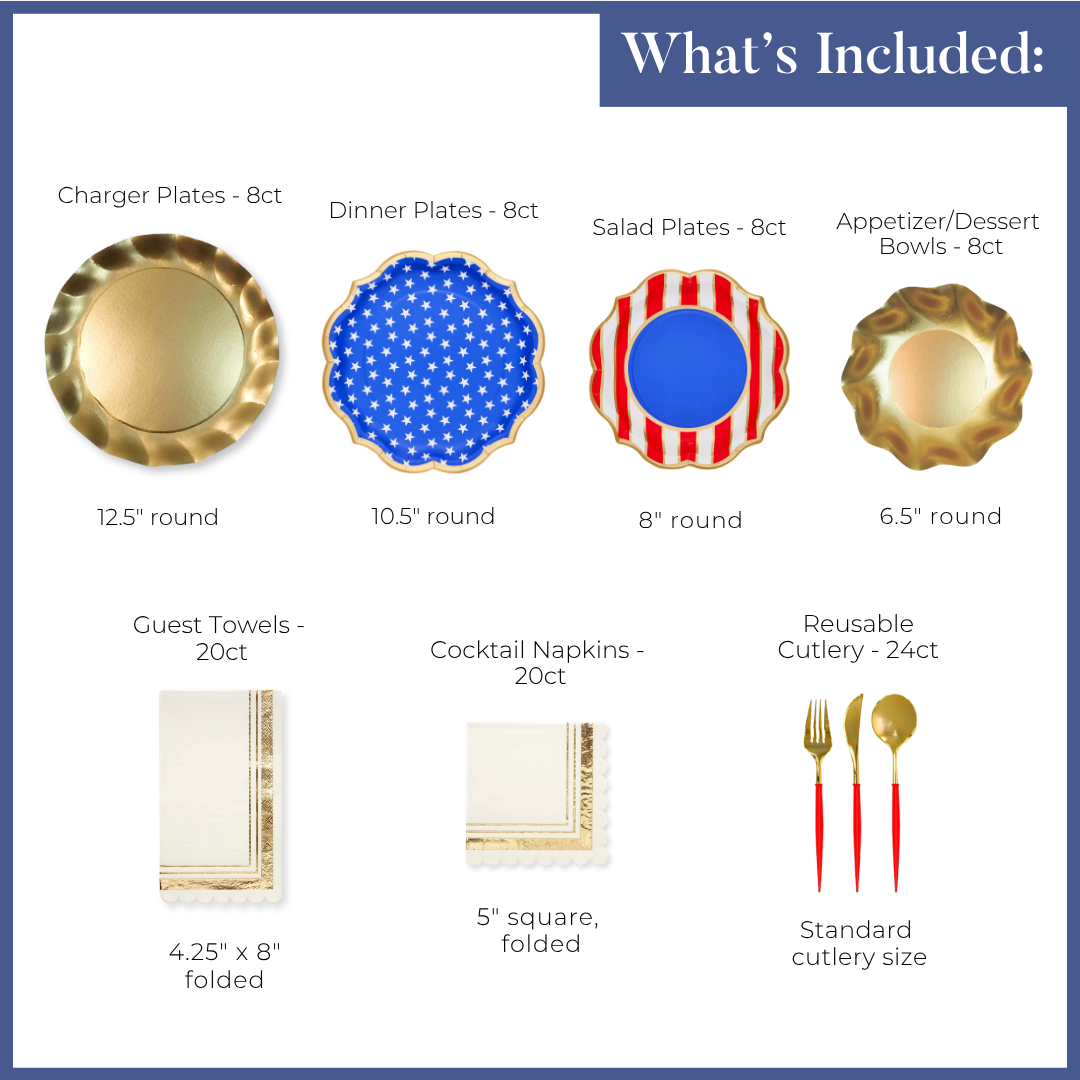 Introducing the Party in the USA Table Setting by Sophistiplate LLC: a stunning disposable party set featuring gold charger and appetizer plates, a blue and white star dinner plate, a red and white striped salad plate, elegant gold cutlery with red handles, and crisp white napkins edged with gold trim. With quantities listed for each item, these coordinated patriotic tableware pieces offer convenience and style—perfect for your next all-American celebration.