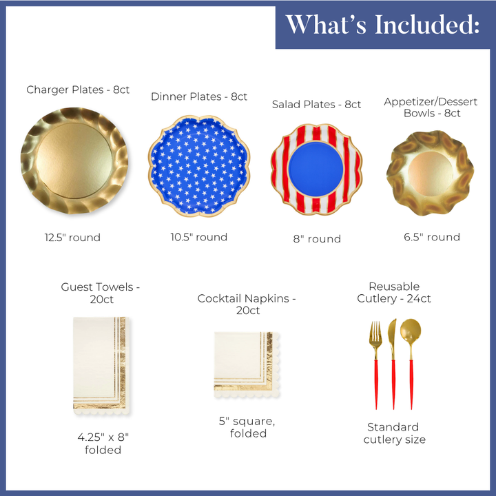 Introducing the Party in the USA Table Setting by Sophistiplate LLC: a stunning disposable party set featuring gold charger and appetizer plates, a blue and white star dinner plate, a red and white striped salad plate, elegant gold cutlery with red handles, and crisp white napkins edged with gold trim. With quantities listed for each item, these coordinated patriotic tableware pieces offer convenience and style—perfect for your next all-American celebration.