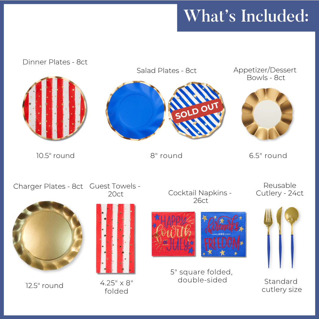 The Sophistiplate Patriotic Confetti Table Setting includes red and white striped plates, blue salad plates (one sold out), gold appetizer bowls, napkins, guest towels, blue-gold cutlery, and patriotic confetti.