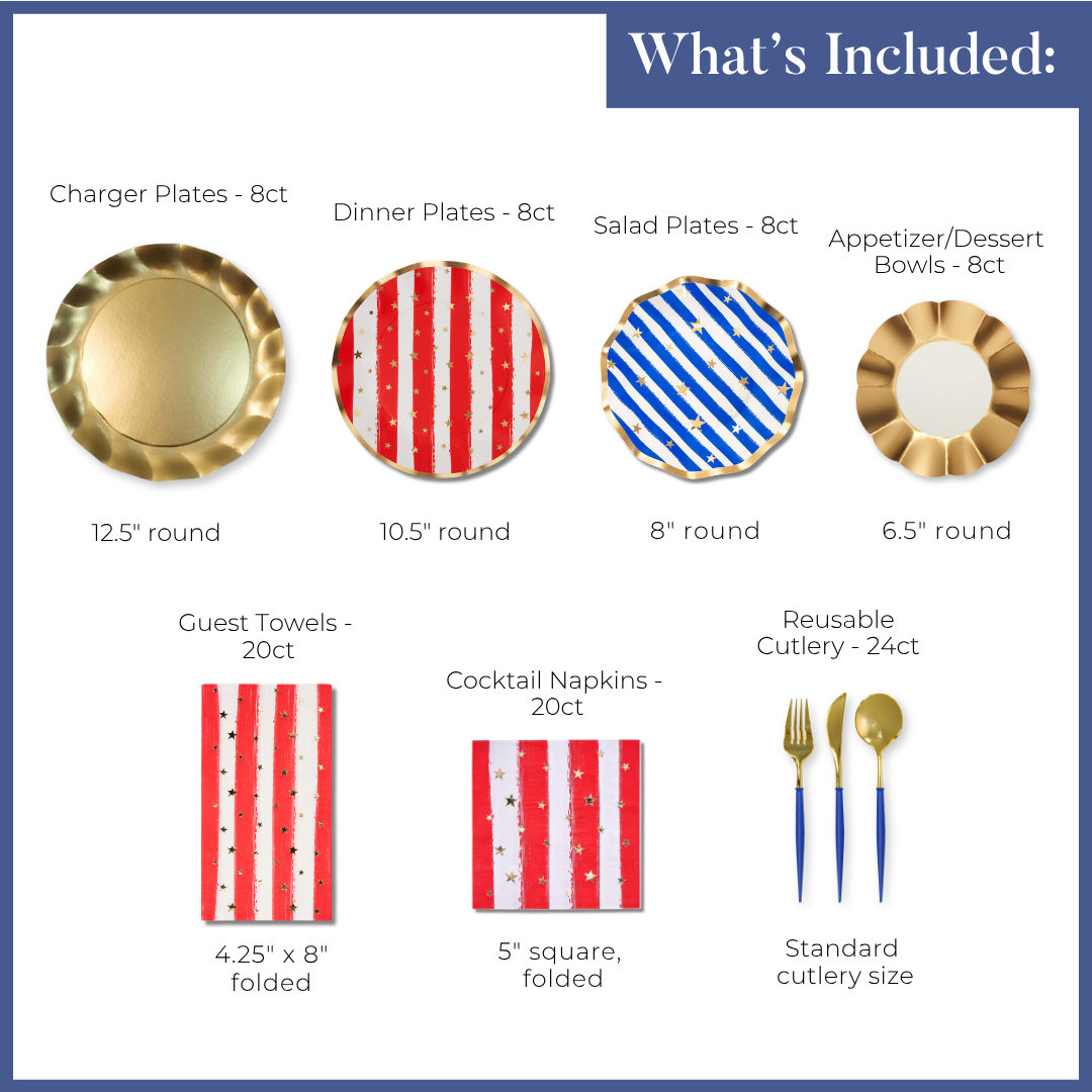The Sophistiplate Patriotic Confetti Table Setting includes gold charger plates, red and blue striped designer plates, gold-rim bowls, festive guest towels, cocktail napkins, gold-blue reusable cutlery, and patriotic confetti.