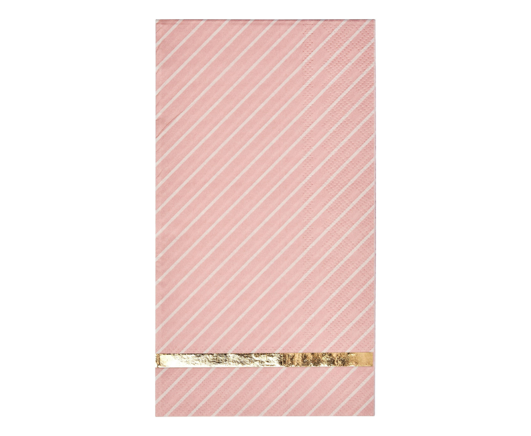 The Sophistiplate Guest Towel Everyday Blush/20ct features rectangular pink napkins with diagonal white stripes and a metallic gold band—perfect as elegant party napkins or guest towels.