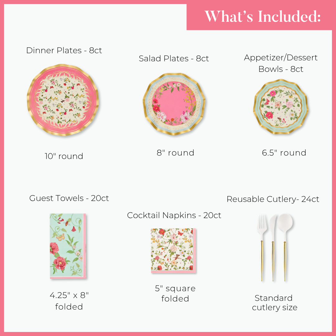 Image featuring the Rococo Table Setting by Sophistiplate LLC, including designer floral plates, salad plates, bowls, guest towels, cocktail napkins, and reusable cutlery—all with labeled quantities and sizes.