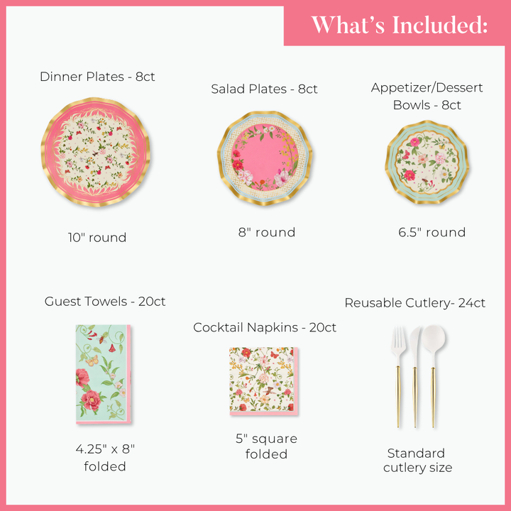 Image featuring the Rococo Table Setting by Sophistiplate LLC, including designer floral plates, salad plates, bowls, guest towels, cocktail napkins, and reusable cutlery—all with labeled quantities and sizes.