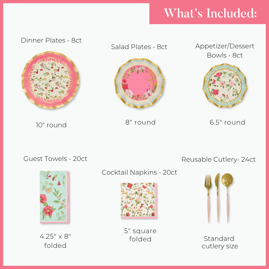 The Rococo Table Setting by Sophistiplate includes 8 heavy duty dinner plates, 8 salad plates, 8 bowls, 20 guest towels, 20 cocktail napkins, and 24 gold reusable cutlery pieces—all adorned with elegant floral designs. This convenient party-in-a-box provides everything you need for your celebration, with clear sizes and quantities shown for each item.