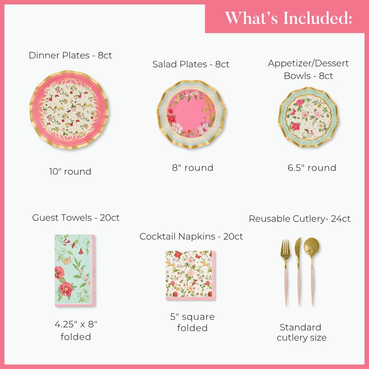 The Rococo Table Setting by Sophistiplate includes 8 heavy duty dinner plates, 8 salad plates, 8 bowls, 20 guest towels, 20 cocktail napkins, and 24 gold reusable cutlery pieces—all adorned with elegant floral designs. This convenient party-in-a-box provides everything you need for your celebration, with clear sizes and quantities shown for each item.