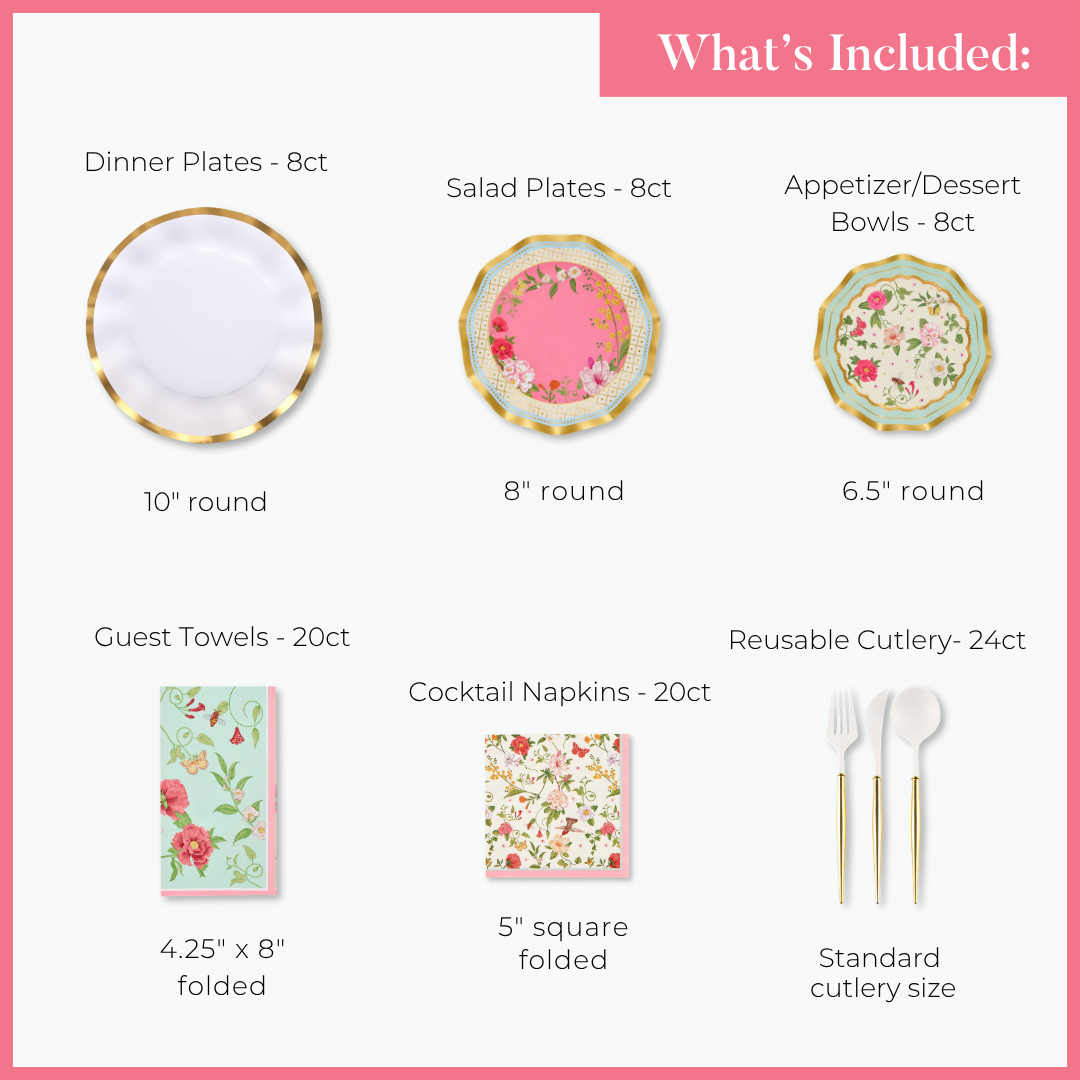 A chart titled What’s Included displays images and quantities of the Sophistiplate Ivory Rococo Table Setting, featuring floral-patterned designer disposable dinner plates, salad plates, dessert bowls, guest towels, cocktail napkins, and reusable cutlery—everything you need for a stunning party-in-a-box. Enjoy the convenience of heavy duty paper plates from Sophistiplate without sacrificing style.