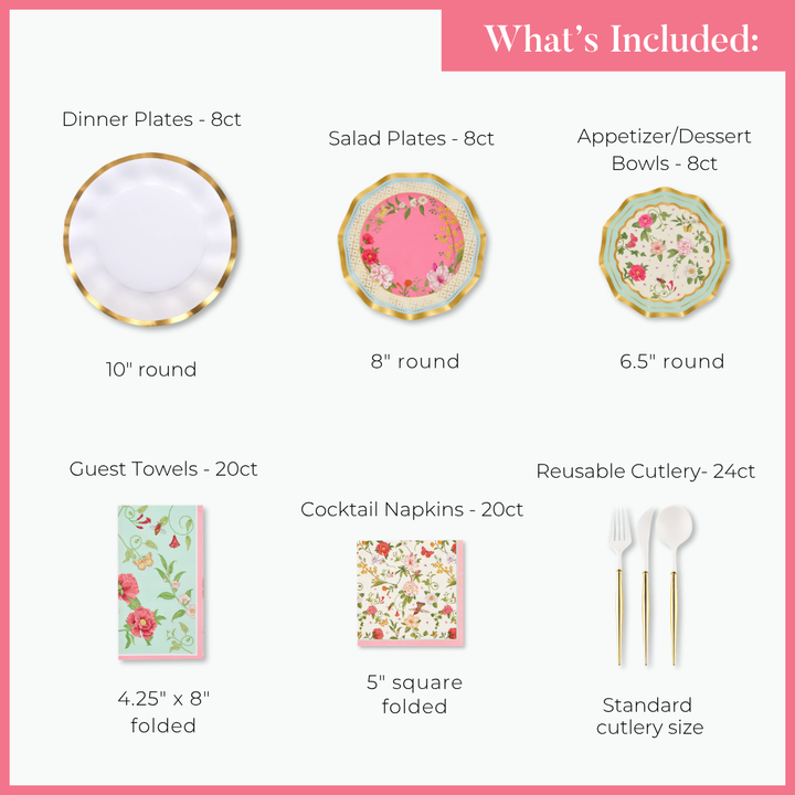 A chart titled What’s Included displays images and quantities of the Sophistiplate Ivory Rococo Table Setting, featuring floral-patterned designer disposable dinner plates, salad plates, dessert bowls, guest towels, cocktail napkins, and reusable cutlery—everything you need for a stunning party-in-a-box. Enjoy the convenience of heavy duty paper plates from Sophistiplate without sacrificing style.