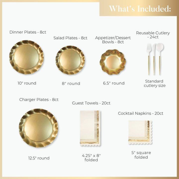 Image of the Sophistiplate Satin Gold Table Setting, featuring gold disposable party plates, salad plates, appetizer/dessert bowls, charger plates, white reusable cutlery, guest towels, and cocktail napkins with measurements.