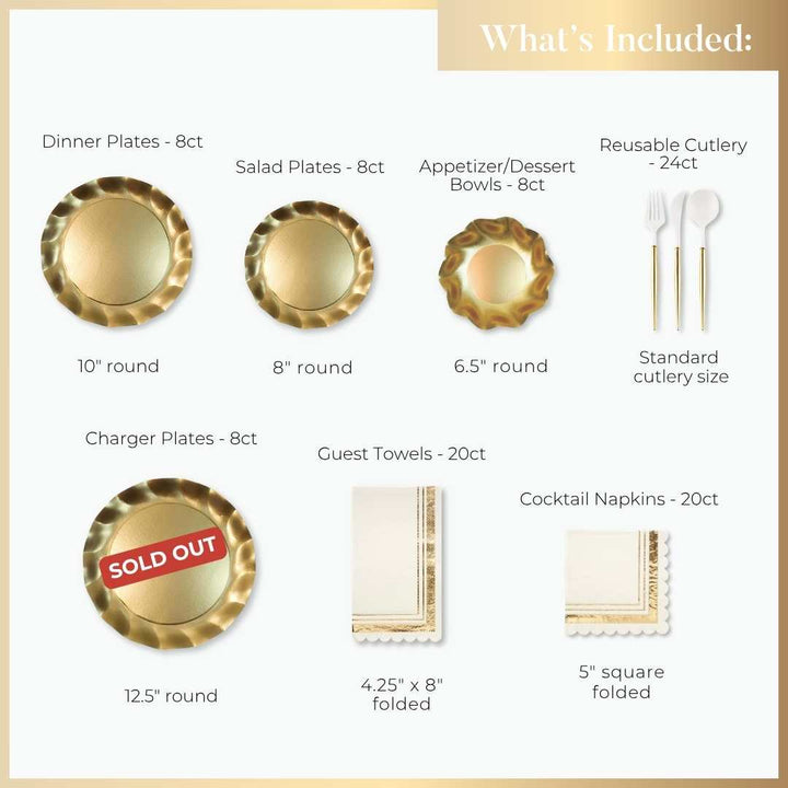 The Sophistiplate Satin Gold Table Setting includes gold and white disposable plates, reusable cutlery, guest towels, and cocktail napkins. Charger plates sold out. See item sizes and quantities—your all-in-one party tableware solution!.