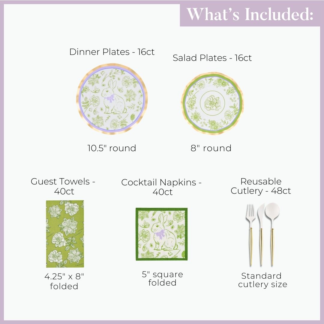 Sophistiplate LLC Easter Toile Table Setting featuring patterned heavy-duty paper plates, guest towels, rabbit-motif cocktail napkins, and gold-handled cutlery, with item counts and sizes labeled for each.