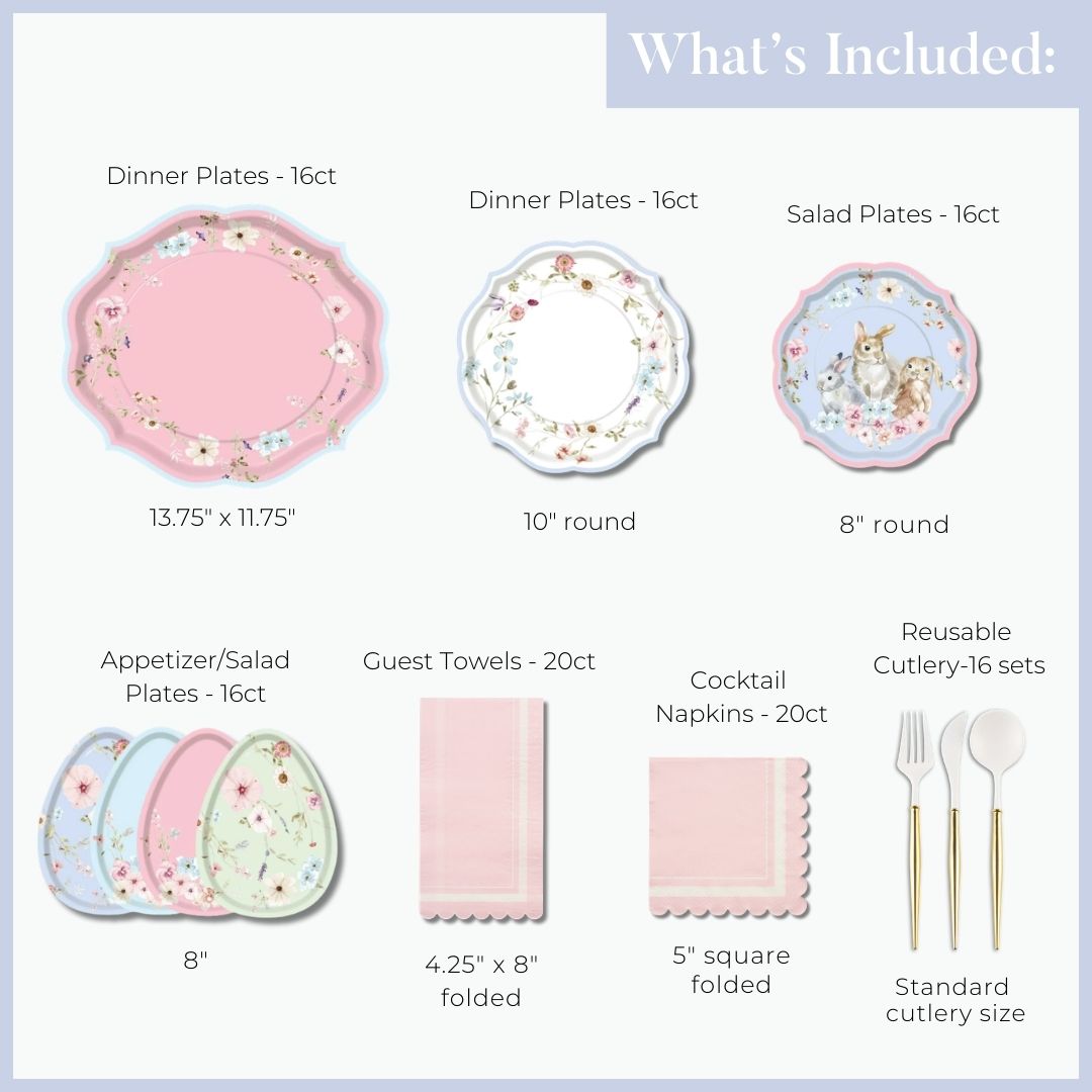 An image of Sophistiplate LLC’s Easter Fields Table Setting for 16: pastel pink and floral party plates, deer-themed salad plates, matching appetizer plates, pink guest towels, cocktail napkins, and clear plastic cutlery; text lists counts and sizes.