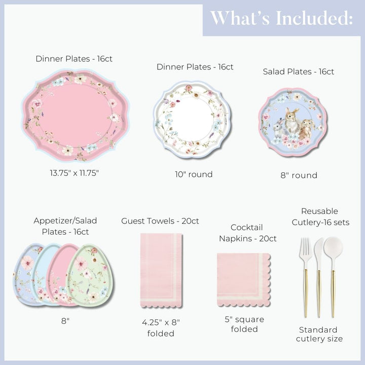 An image of Sophistiplate LLC’s Easter Fields Table Setting for 16: pastel pink and floral party plates, deer-themed salad plates, matching appetizer plates, pink guest towels, cocktail napkins, and clear plastic cutlery; text lists counts and sizes.