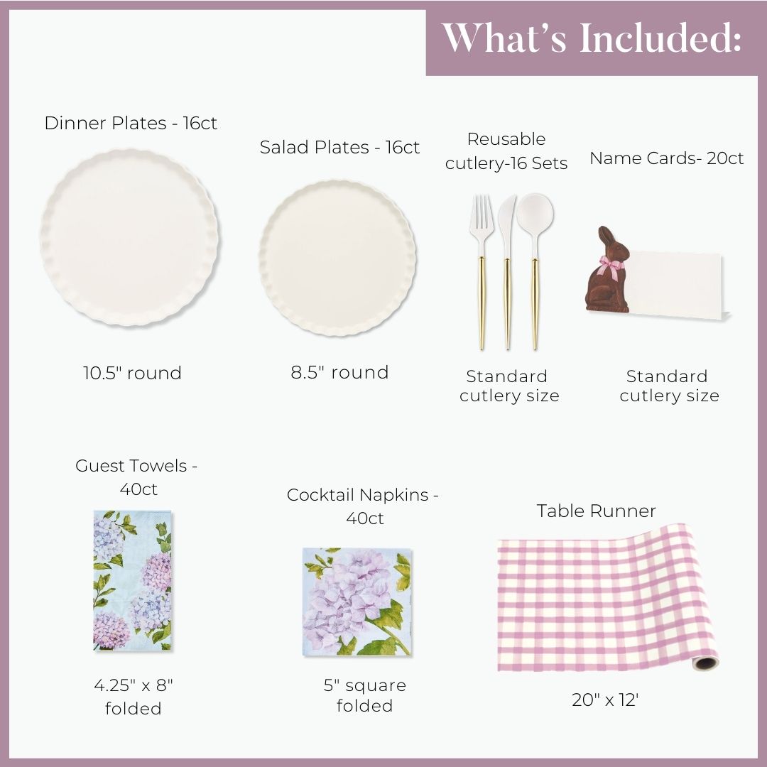 Image shows what's included in the Sophistiplate LLC Ultimate Easter Tablescape for 16: Violet Hydrangea—16 dinner plates (10.5"), 16 salad plates, 16 cutlery sets, 20 name cards, 40 guest towels, 40 napkins & a table runner.
