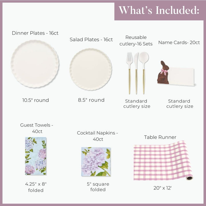 Image shows what's included in the Sophistiplate LLC Ultimate Easter Tablescape for 16: Violet Hydrangea—16 dinner plates (10.5"), 16 salad plates, 16 cutlery sets, 20 name cards, 40 guest towels, 40 napkins & a table runner.