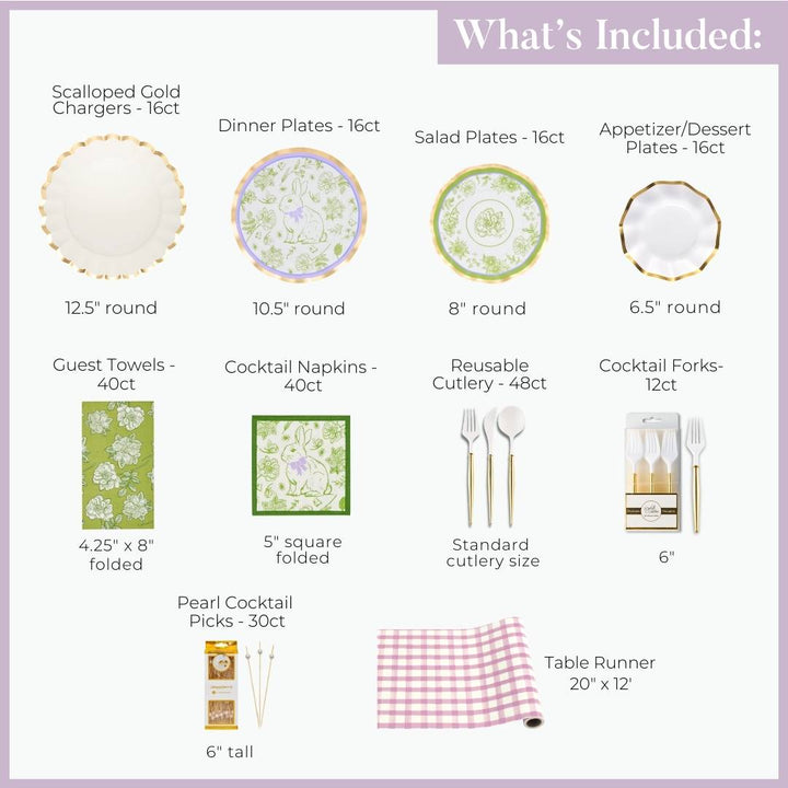 The Ultimate Easter Tablescape for 16: Easter Toile by Sophistiplate LLC includes images of scalloped gold chargers, designer paper and salad plates, appetizer/dessert plates, guest towels, cocktail napkins, reusable cutlery, forks, pearl picks & table runner—ideal for Easter.