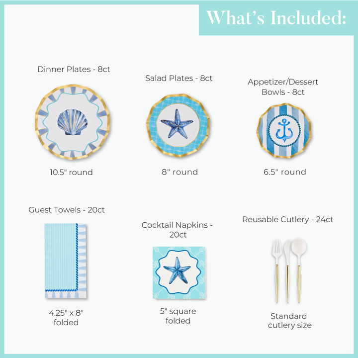 The Sophistiplate Tidal Wave Table Setting includes designer paper plates, salad plates, bowls with blue nautical designs, guest towels, starfish cocktail napkins, and reusable white cutlery—ideal for a coastal tablescape. Quantities/sizes listed.