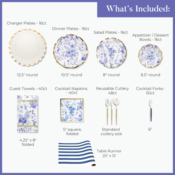 An image showcasing the Sophistiplate LLC Passover Tablescape for 16: Timeless—designer plates, bowls, reusable cutlery, cocktail forks, guest towels, napkins & a blue-striped runner—combining elegance with disposable party convenience.