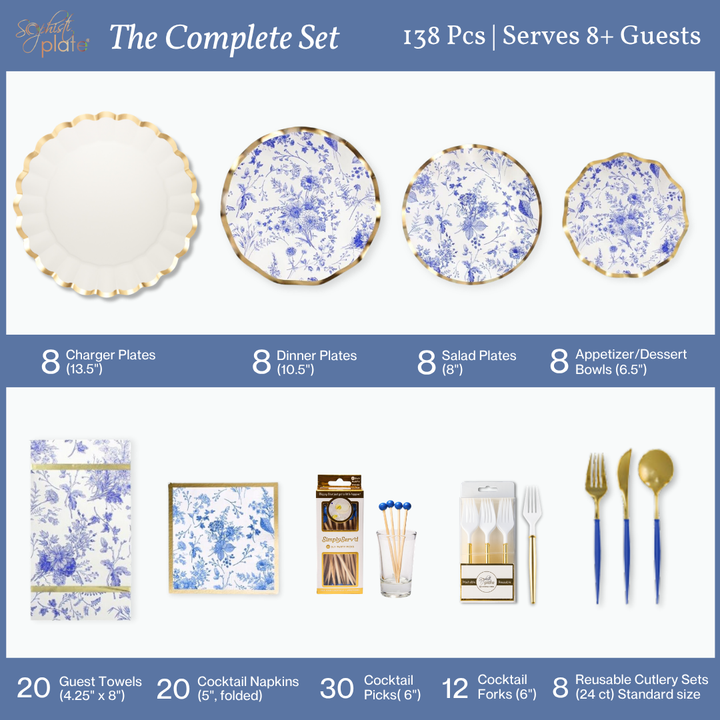 Discover the Sophistiplate LLC Disposable Plates and Tableware Set (88-192 Pcs) - Timeless, an elegant blue and white collection for eight guests. This coordinated set includes plates, bowls, guest towels, napkins, cocktail picks, forks, and reusable gold cutlery—each disposable paper piece is organized with labeled quantities and sizes to ensure a perfectly arranged party table setting.