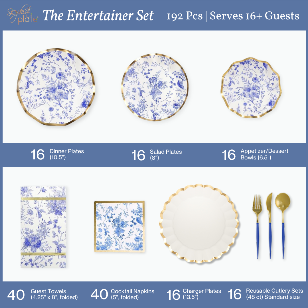 Sophistiplate LLC Disposable Plates and Tableware Set (88-192 Pcs) - Timeless: This blue and white floral party dinnerware set serves 16+ guests and includes coordinated plates, bowls, napkins, towels, charger plates, and gold utensils. With a total of 192 pieces featuring a simple, elegant design on a blue background, this disposable paper tableware is perfect for effortless entertaining.