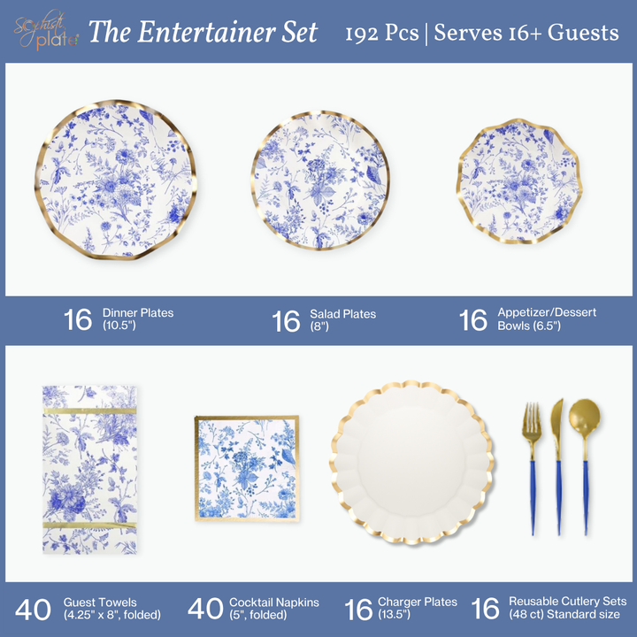 Sophistiplate LLC Disposable Plates and Tableware Set (88-192 Pcs) - Timeless: This blue and white floral party dinnerware set serves 16+ guests and includes coordinated plates, bowls, napkins, towels, charger plates, and gold utensils. With a total of 192 pieces featuring a simple, elegant design on a blue background, this disposable paper tableware is perfect for effortless entertaining.