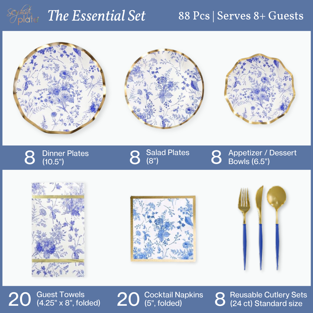 The image features the Sophistiplate LLC Disposable Plates and Tableware Set (88-192 Pcs) - Timeless, a coordinated collection of blue and white floral paper plates, bowls, napkins, guest towels, and gold plastic cutlery with specific quantities listed for each item. This elegant party dinnerware set offers convenience and style for any gathering.