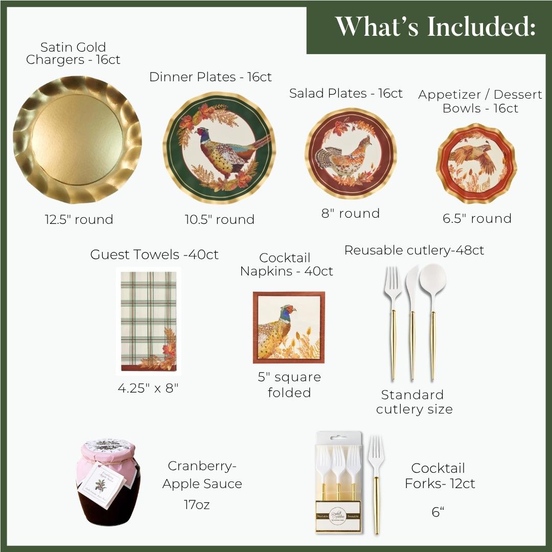 Woodland Harvest: Thanksgiving Table for 16 featuring heavy duty paper plates and bowls with bird illustrations, gold chargers, plaid guest towels, cocktail napkins, cutlery, cocktail forks, and a jar of cranberry-apple sauce.