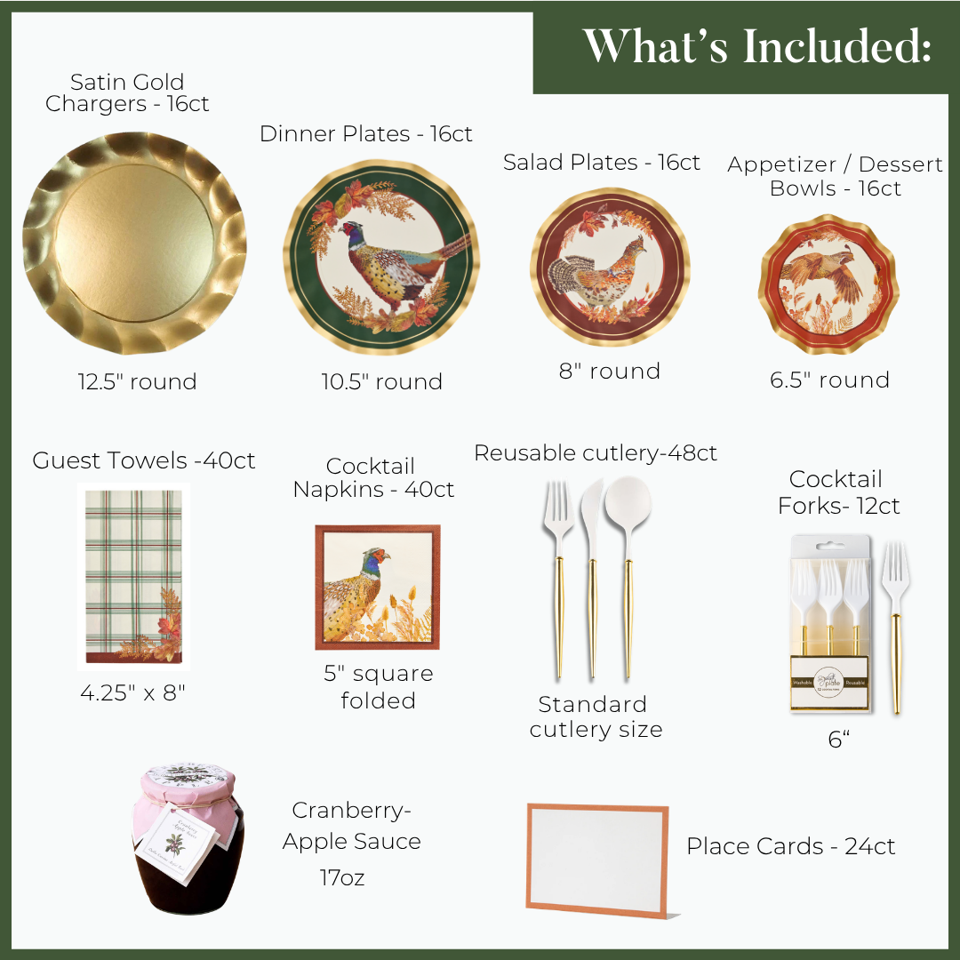 Image of a Thanksgiving table set with Woodland Harvest: Thanksgiving Table for 16 by Sophistiplate LLC, featuring plates, bowls, napkins, cutlery, cocktail forks, cranberry-apple sauce, and place cards.