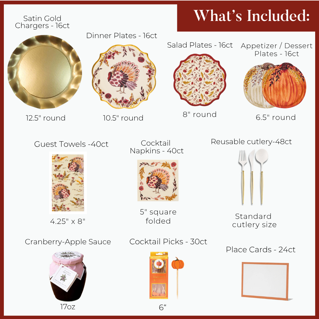 Amber Harvest: Thanksgiving Table for 16 by Sophistiplate LLC includes gold chargers, designer disposable plates, napkins, towels, cutlery, sauce cups, cocktail picks & place cards—quantities and sizes detailed in chart.