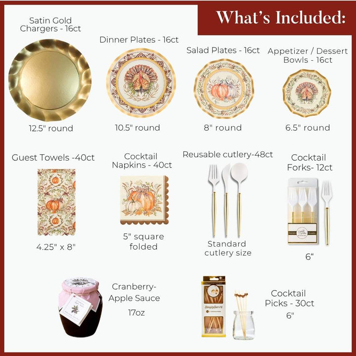 A grid of a Turkey & Gourds: Thanksgiving Table for 16 tablescape, featuring gold chargers, turkey and pumpkin patterned disposable plates, autumn napkins, gold and white cutlery, cranberry-apple sauce, and cocktail picks.