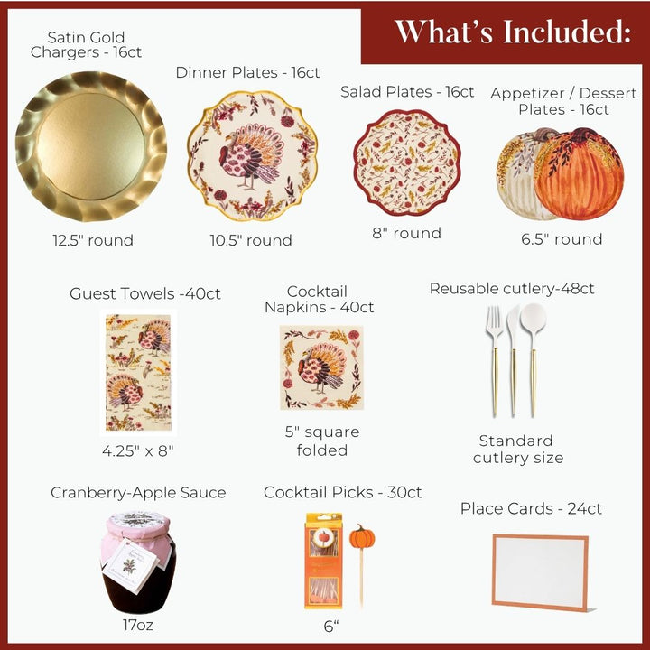 Amber Harvest: Thanksgiving Table for 16 set including gold chargers, turkey-themed heavy duty paper plates, napkins, guest towels, gold-handled cutlery, cranberry-apple sauce, cocktail picks, and blank place cards.