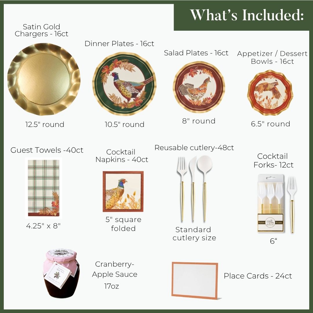 A Woodland Harvest: Thanksgiving Table for 16 setting featuring gold chargers, bird-motif paper plates and bowls, plaid towels, napkins, gold-accented cutlery, cranberry-apple sauce, and blank place cards.