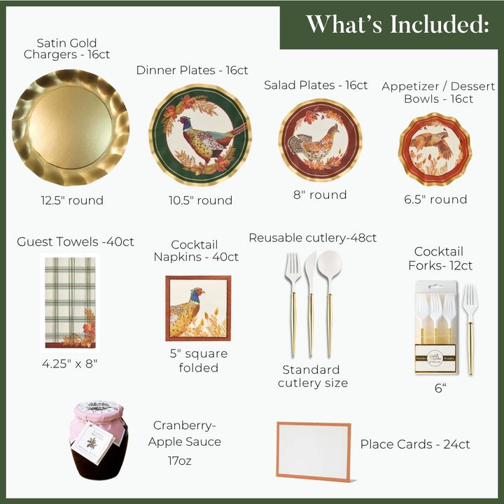 A Woodland Harvest: Thanksgiving Table for 16 setting featuring gold chargers, bird-motif paper plates and bowls, plaid towels, napkins, gold-accented cutlery, cranberry-apple sauce, and blank place cards.