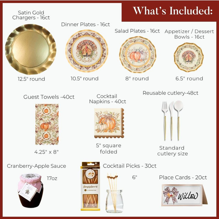 A Turkey & Gourds: Thanksgiving Table for 16 setting featuring chargers, heavy duty paper plates, bowls, guest towels, napkins, gold-handled cutlery, cranberry-apple sauce, cocktail picks, and place cards.