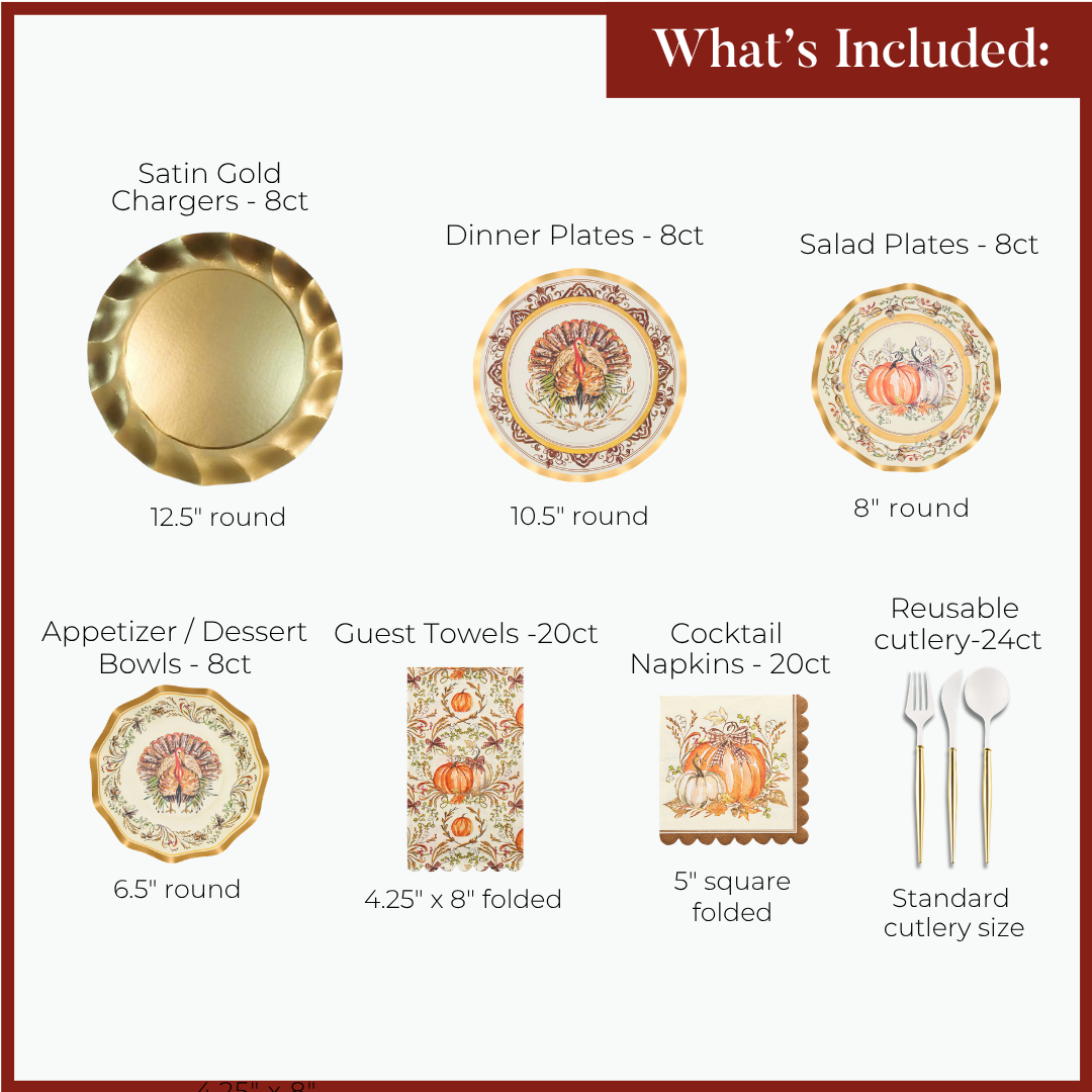 The Turkey & Gourds Table Setting by Sophistiplate features a complete Thanksgiving-themed party-in-a-box, including decorative paper plates, gold chargers, dinner and salad plates, dessert bowls, guest towels, cocktail napkins, and reusable cutlery—all adorned with charming pumpkin and autumn leaf designs—making it the perfect choice for any holiday gathering.