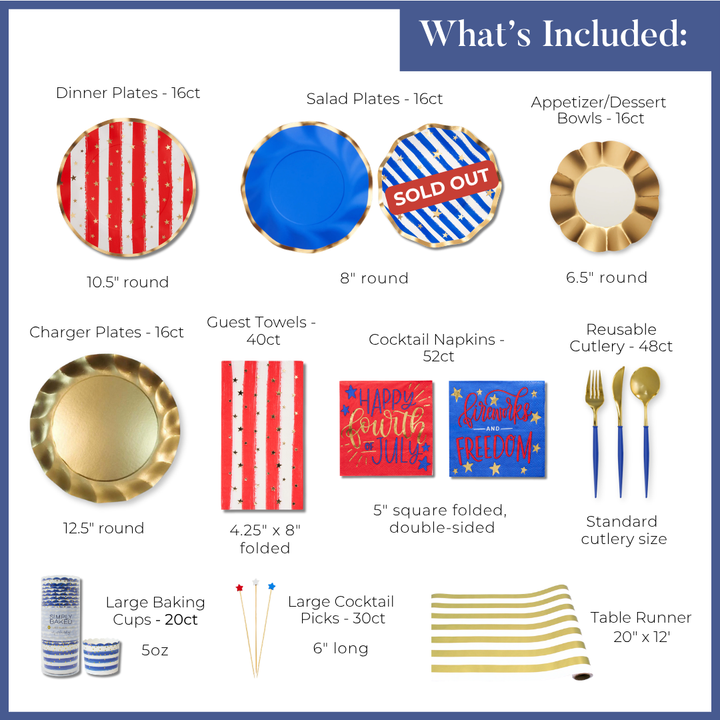 Celebrate with Sophistiplate LLC's "4th of July Table for 16+: Patriotic Confetti" party set—red, white, blue & gold plates, bowls, napkins, towels, cups, cutlery, picks & a striped runner. Includes detailed sizes and counts for each item.